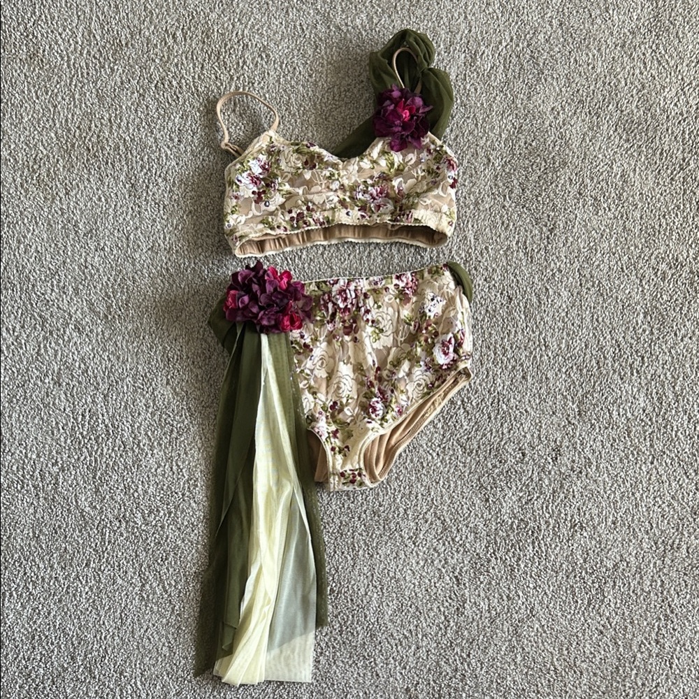 Floral Women's 2 piece lyrical/contemporary solo costume, with Swarovski crystal